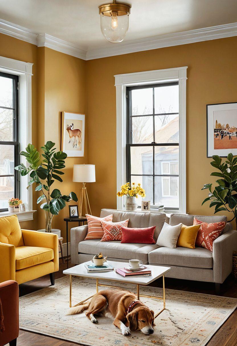 A cozy living room scene featuring various pets, including a dog and a cat, happily interacting with their owners. The walls are adorned with photos of pets and a bulletin board showcasing the latest pet care tips and community events. Natural sunlight streams through the window, creating a warm ambiance. A notebook and laptop on a coffee table hint at community discussions. super-realistic. vibrant colors. warm tones.