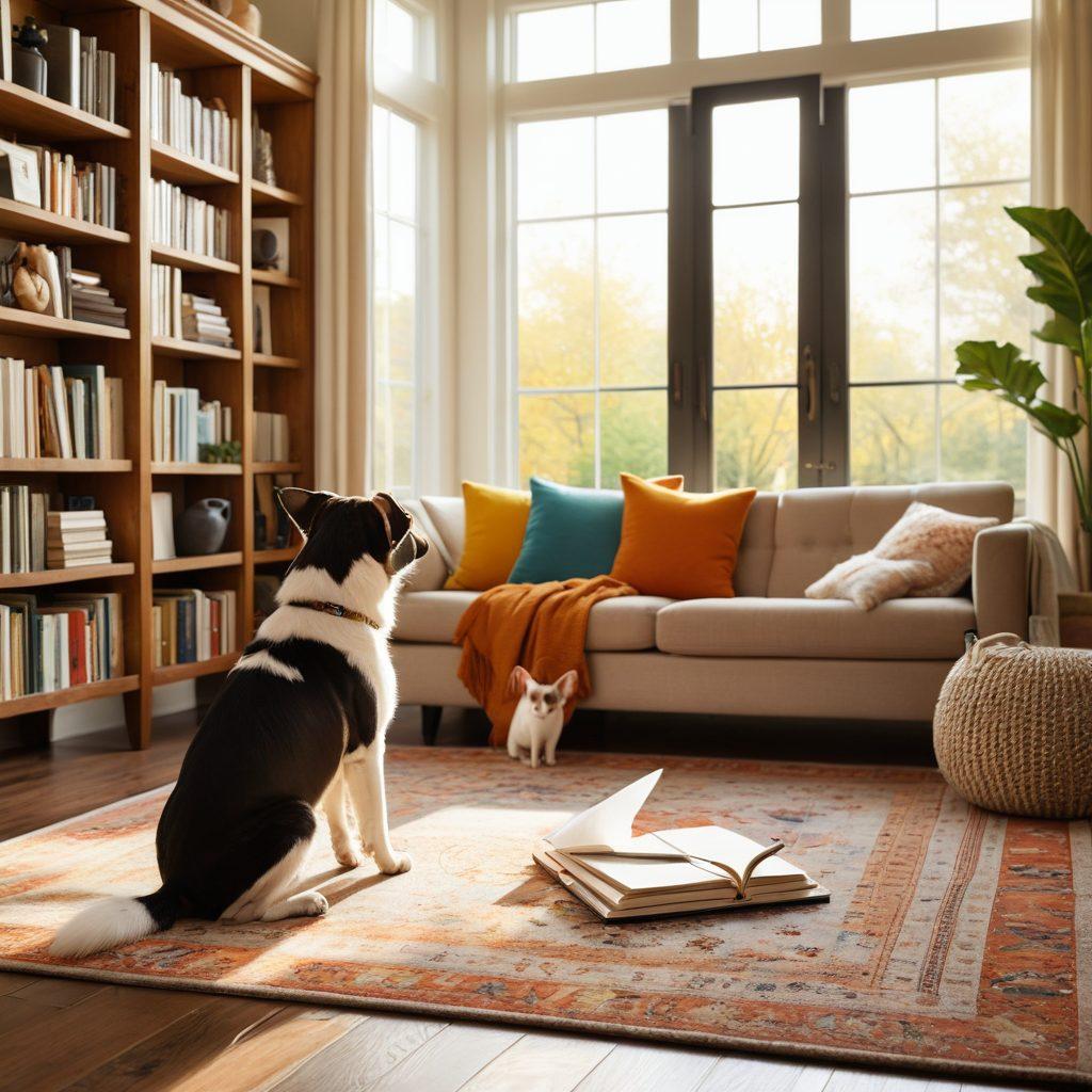 A cozy and inviting living room scene where various pets, such as a dog, cat, and bird, play together on a soft rug. A bookshelf in the background filled with pet care books provides a sense of community. Sunlight streams through a window, illuminating the warm colors of the room. A friendly pet owner watches over, smiling with a clipboard in hand, ready to share tips. super-realistic. vibrant colors. warm lighting.