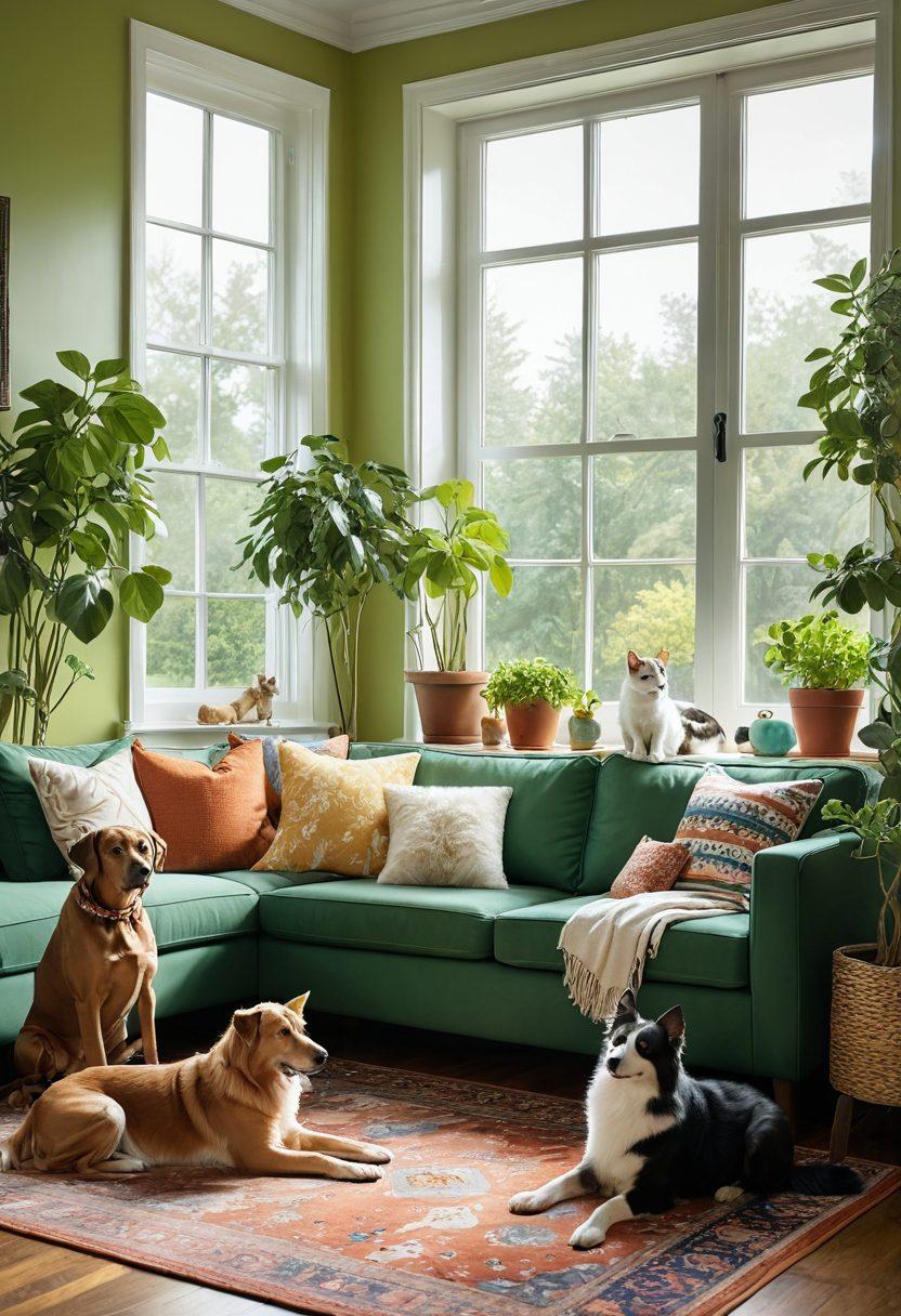 A cozy living room scene featuring a happy family playing with their energetic pets, including a dog and a cat, surrounded by plant life and health-related pet products like nutritious food and playful toys. Bright sunlight filters through a window, creating a warm atmosphere, with a focus on the bond between humans and animals. super-realistic. vibrant colors. warm tones.